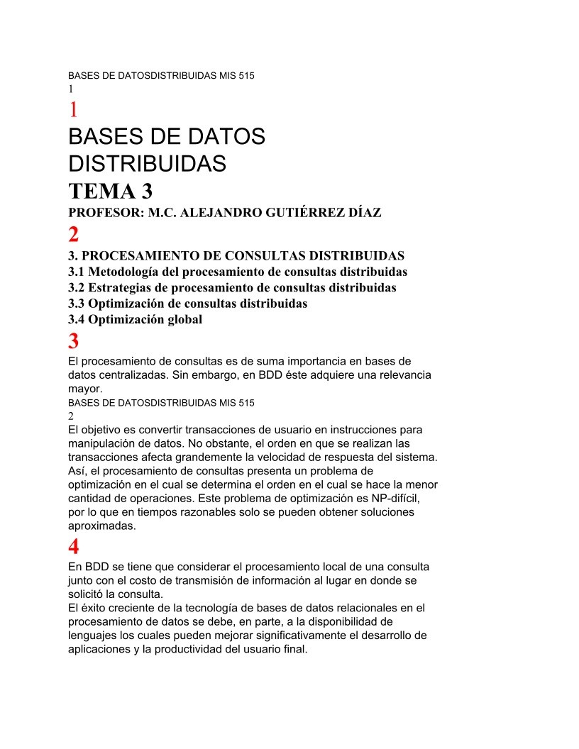 Imágen de pdf BASES DE DATOSDISTRIBUIDAS MIS 515 - 3. PROCESAMIENTO DE CONSULTAS DISTRIBUIDAS